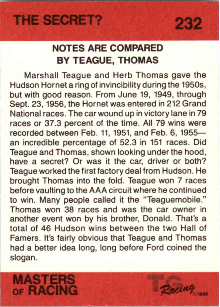1989-90 TG Racing Masters of Racing #232 Herb Thomas/Marshall Teague/The Secret? back image