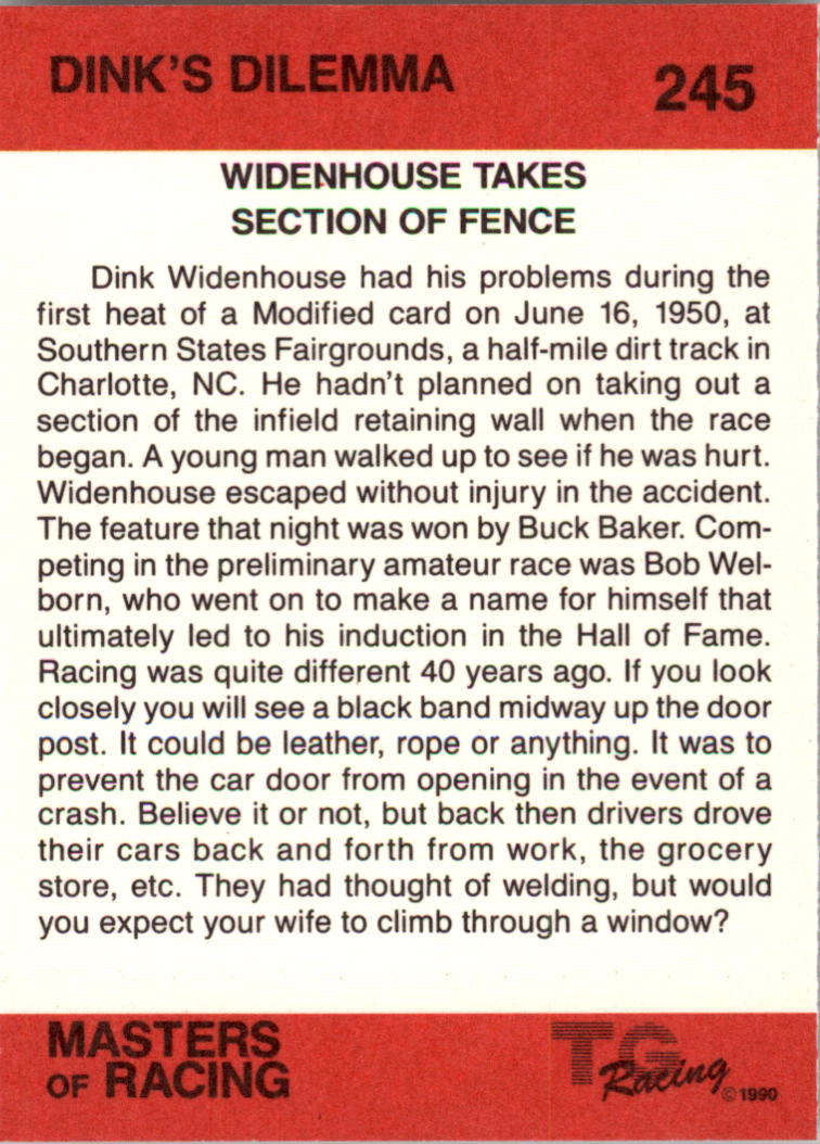 1989-90 TG Racing Masters of Racing #245 Dink Widenhouse's Car/Dink's Dilemma back image