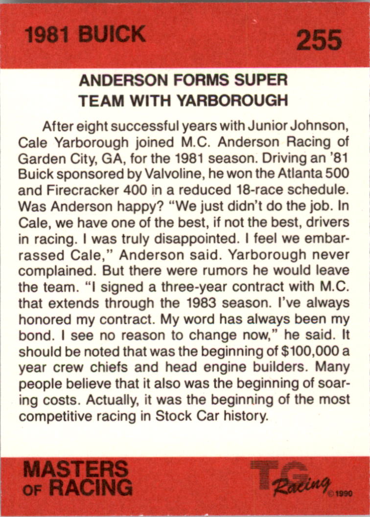 1989-90 TG Racing Masters of Racing #255 Cale Yarborough's Car/1981 Buick back image