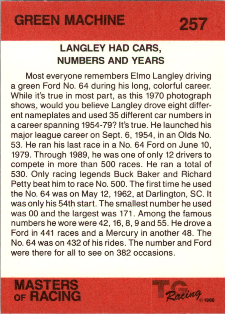 1989-90 TG Racing Masters of Racing #257 Elmo Langley's Car/Green Machine back image