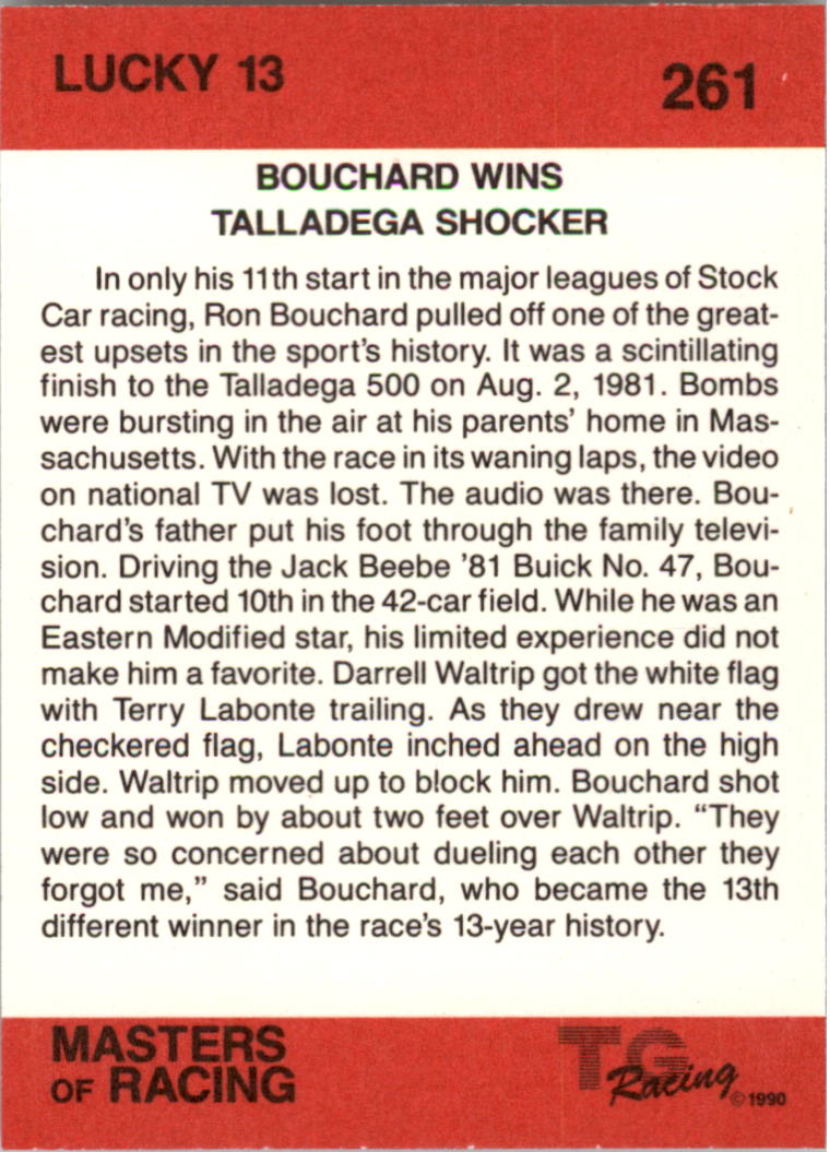 1989-90 TG Racing Masters of Racing #261 Ron Bouchard w/car/Lucky 13 back image