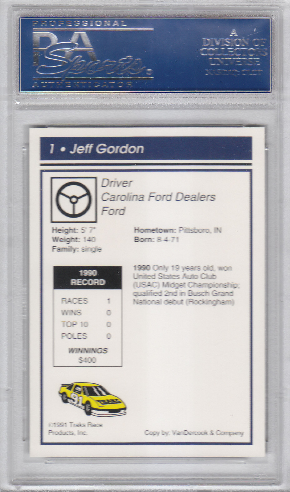 1991 Traks #1 Jeff Gordon RC back image