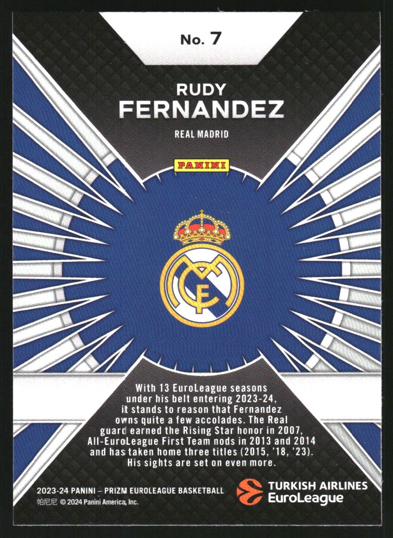 2023-24 Panini Prizm Turkish Airlines EuroLeague Dominance #7 Rudy Fernandez