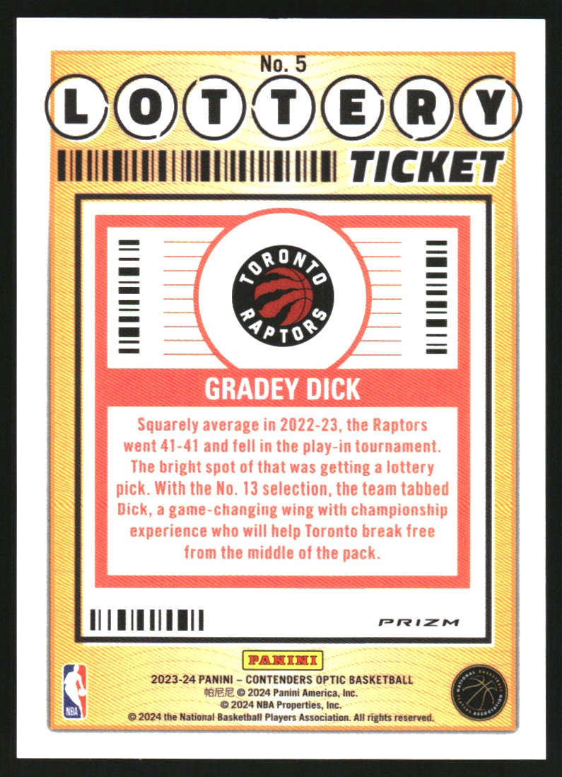 2023-24 Panini Contenders Optic Lottery Ticket #5 Gradey Dick
