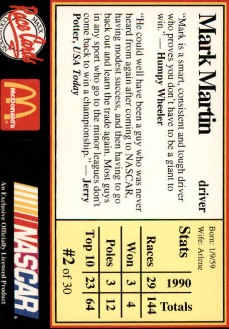 1991 Maxx McDonald's #2B Mark Martin COR back image