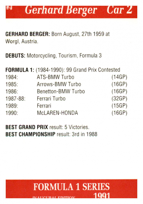 1991 Carms Formula One #4 Gerhard Berger back image