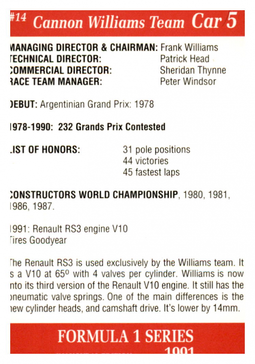 1991 Carms Formula One #14 Nigel Mansell's Car back image