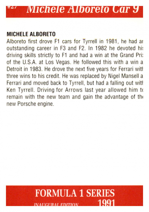 1991 Carms Formula One #27 Michele Alboreto back image