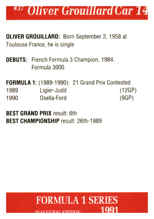 1991 Carms Formula One #37 Olivier Grouillard back image
