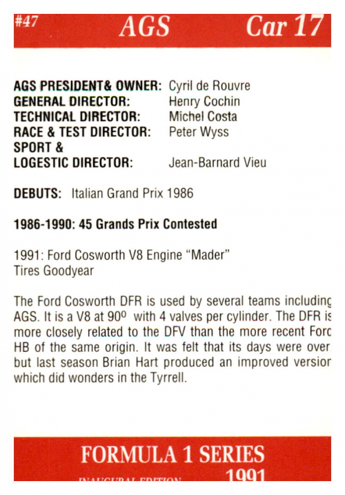 1991 Carms Formula One #47 Gabriele Tarquini's Car back image