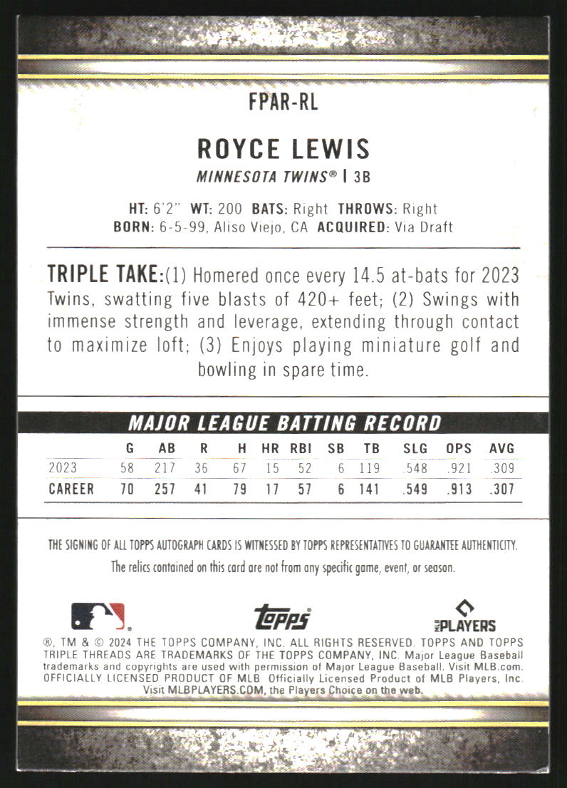 2024 Topps Triple Threads Future Phenoms Autograph Relics #FPARRL Royce Lewis Auto /99