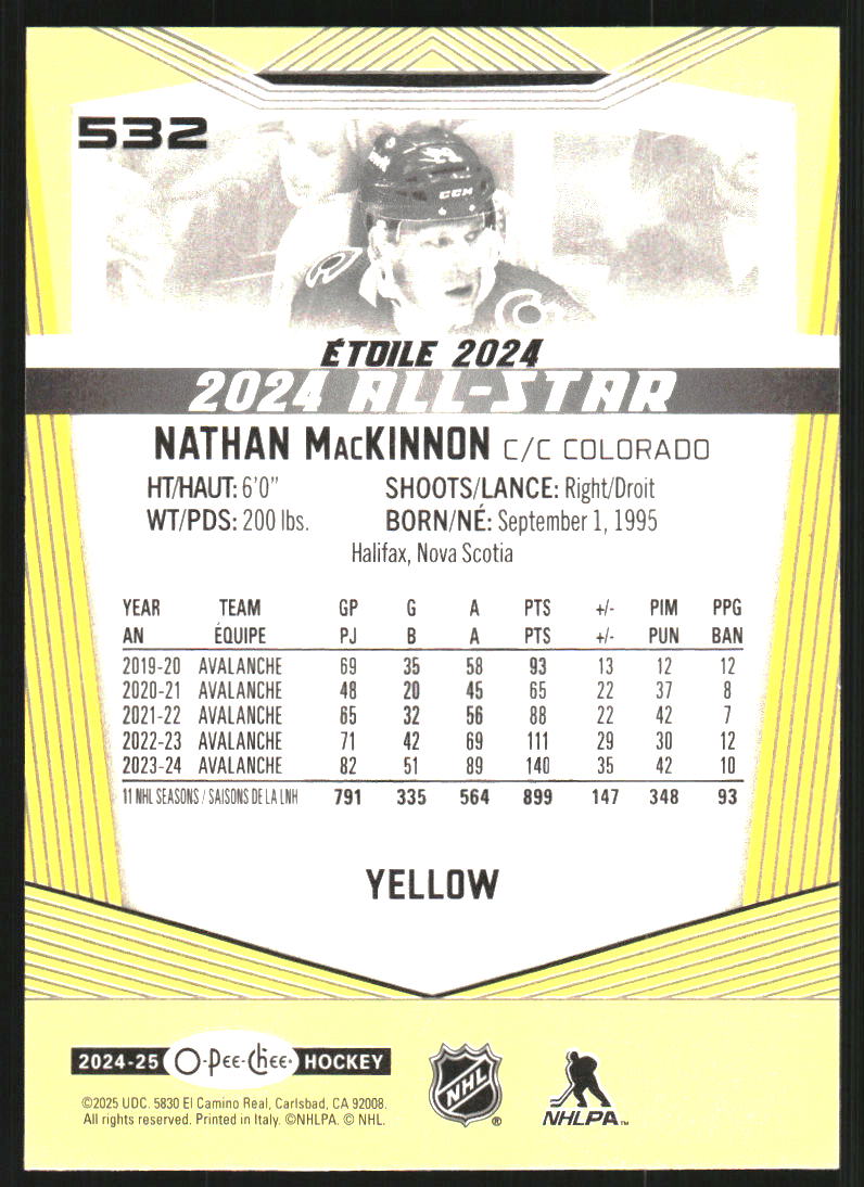 2024-25 O-Pee-Chee Yellow #532 Nathan MacKinnon AS