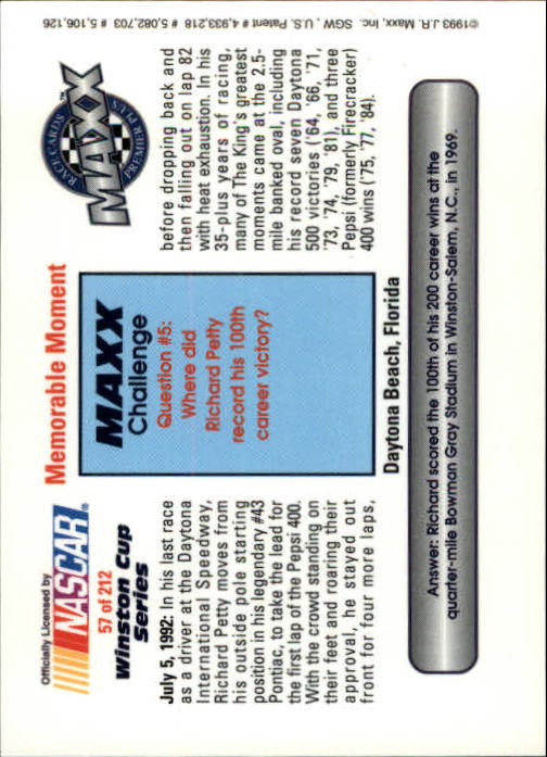 1993 Maxx Premier Plus #57 Davey Allison's Car/Richard Petty's Car/Bobby Labonte's Car/Mark Martin's Car/Memorable Moment back image
