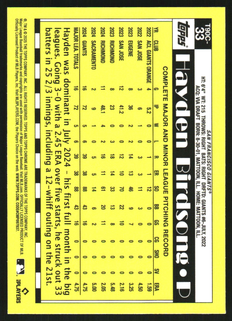 2025 Topps '90 Topps Silver Pack Chrome #T90C33 Hayden Birdsong