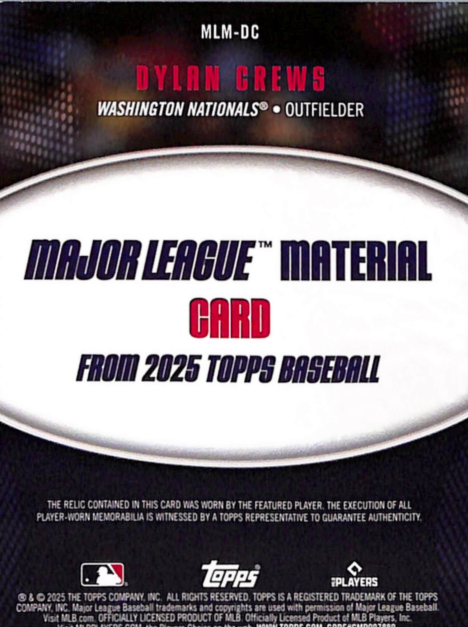 2025 Topps Major League Materials #MLMDC Dylan Crews back image
