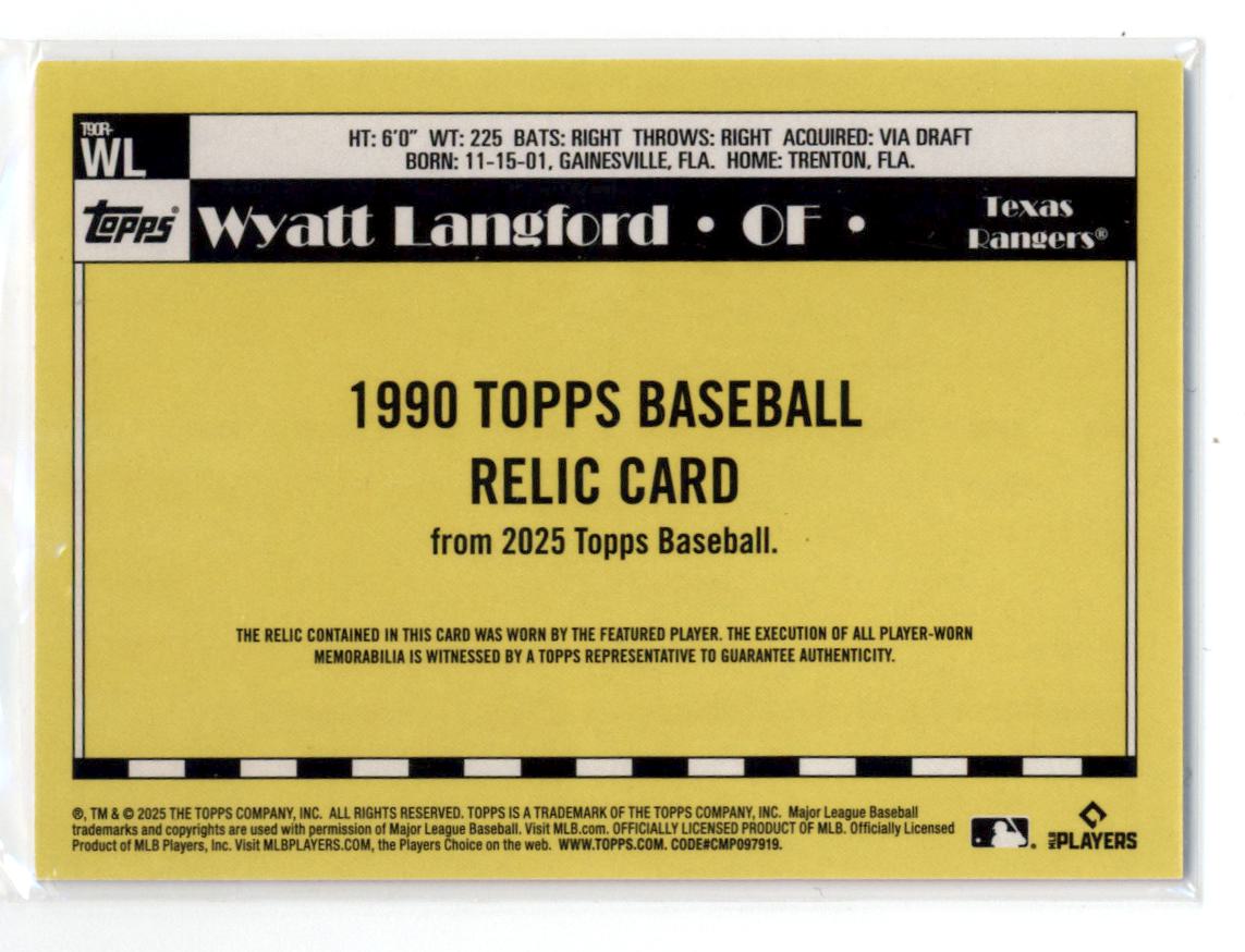 2025 Topps '90 Topps Relics #T90RWL Wyatt Langford back image