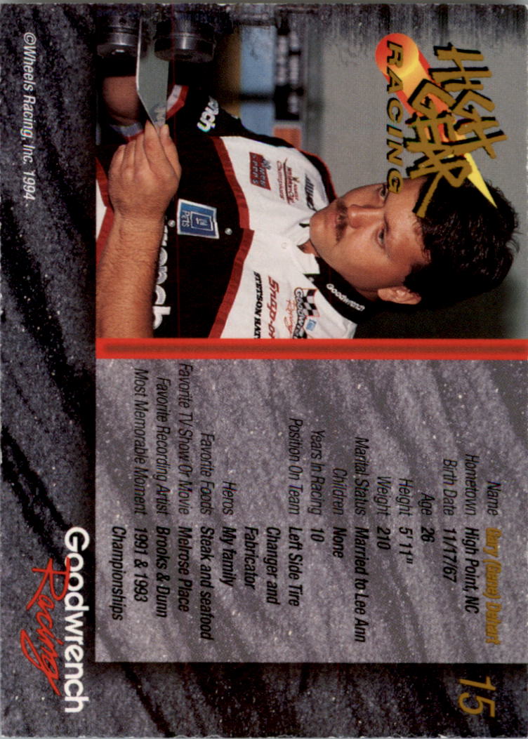 1994 Wheels High Gear Power Pak Teams Gold #15E Gene Dehart back image