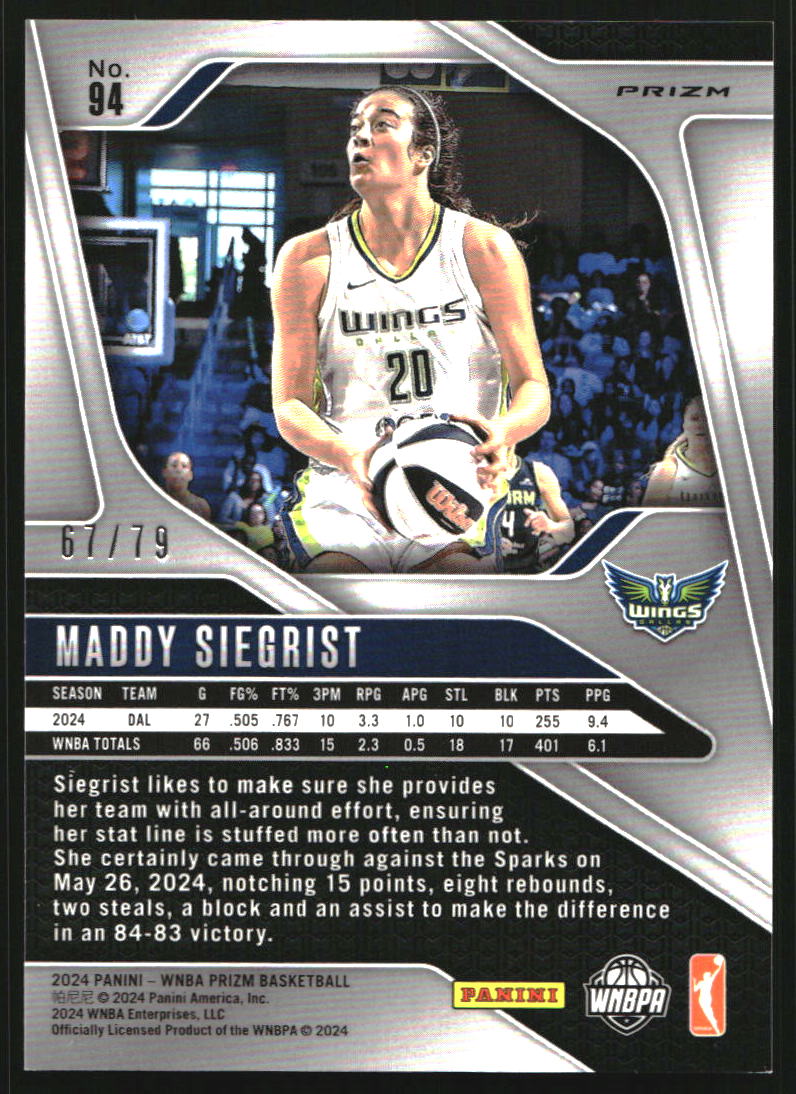 2024 Panini Prizm WNBA Prizms Pink Velocity #94 Maddy Siegrist