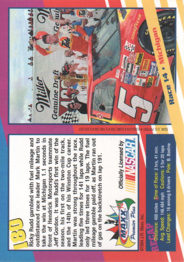 1994 Maxx Premier Plus #180 Ricky Rudd/Year in Review back image