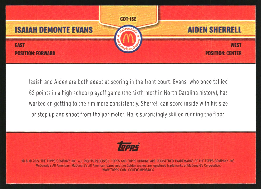 2024 Topps Chrome McDonald's All American Combo Talents #COTISE Aiden Sherrell/Isaiah Demonte Evans