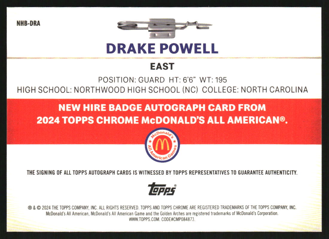2024 Topps Chrome McDonald's All American New Hire Badge Autographs Logo  Refractors #NHBDRA Drake Powell Auto /75 on Fanatics Collect, image size:1100x800