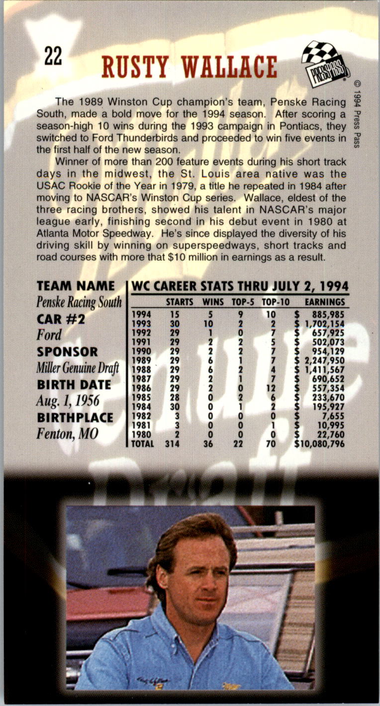 1994 Press Pass Optima XL #22 Rusty Wallace back image