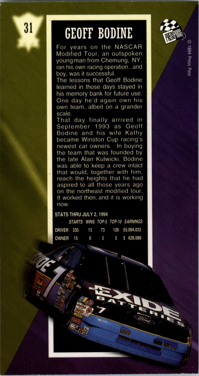 1994 Press Pass Optima XL #31 Geoff Bodine DD back image