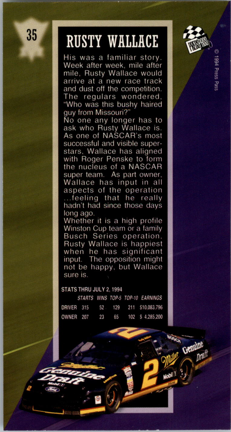 1994 Press Pass Optima XL #35 Rusty Wallace DD back image