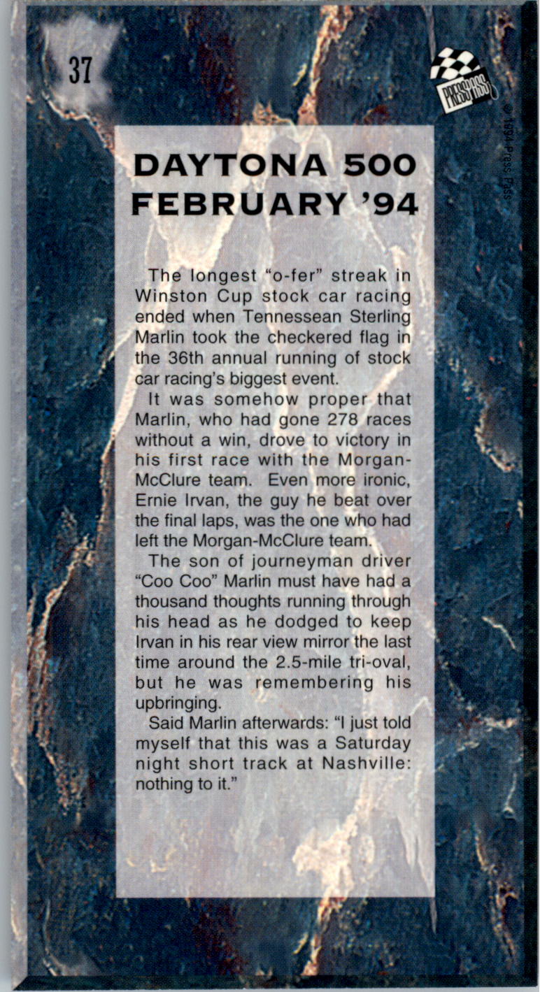 1994 Press Pass Optima XL #37 Sterling Marlin's Car TC back image