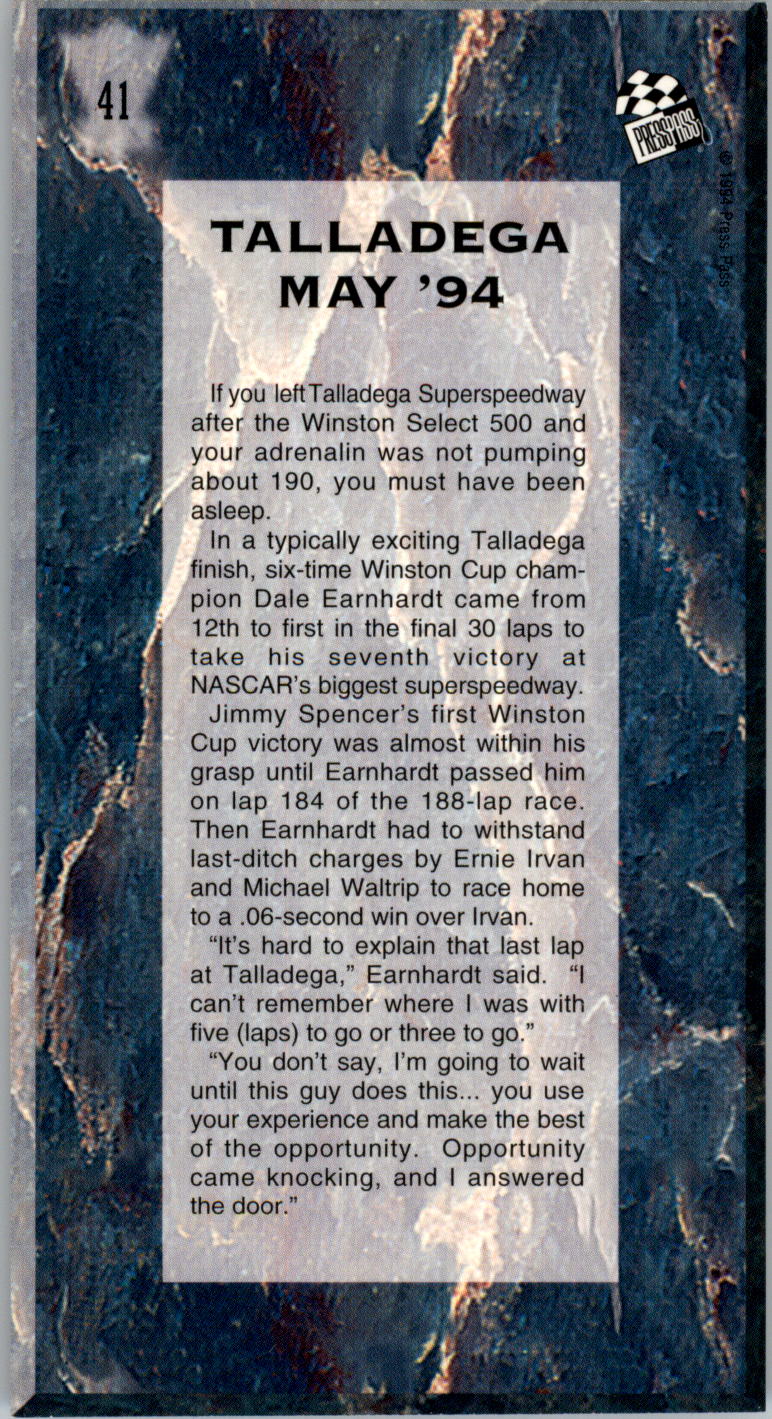 1994 Press Pass Optima XL #41 Dale Earnhardt's Car TC back image