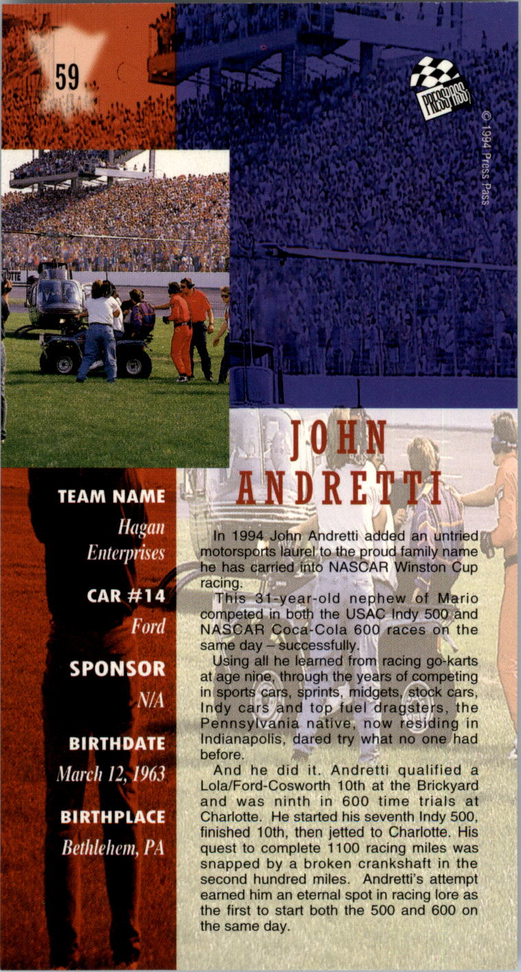 1994 Press Pass Optima XL #59 John Andretti NM RC back image
