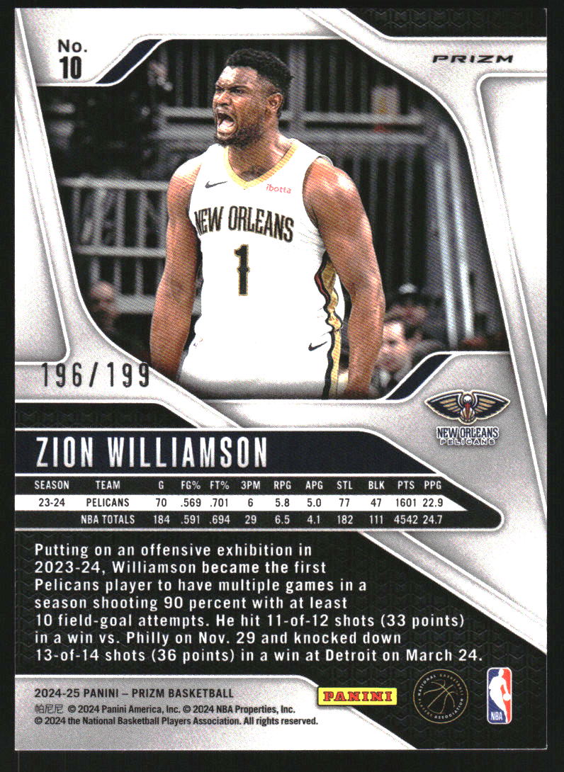 2024-25 Panini Prizm Prizms Blue #10 Zion Williamson