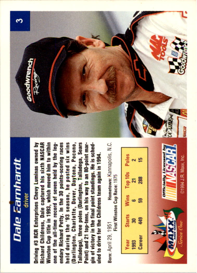 1994 Maxx #3 Dale Earnhardt back image