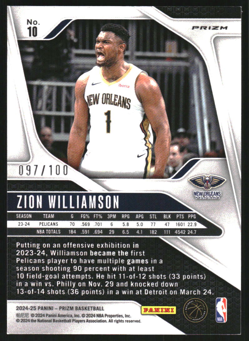2024-25 Panini Prizm Prizms Fast Break Red #10 Zion Williamson