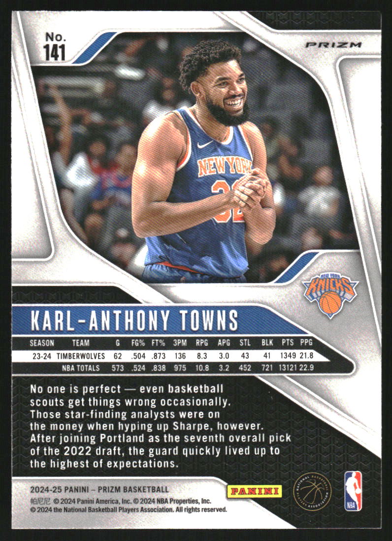 2024-25 Panini Prizm Prizms Orange Ice #141 Karl-Anthony Towns