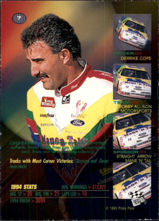 1995 VIP Autographs #7 Derrike Cope back image