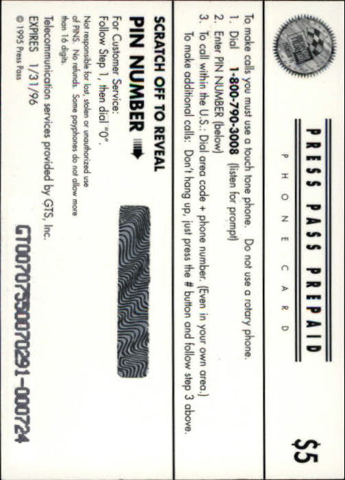 1995 Press Pass Premium Phone Cards $5 Autographs #5 Sterling Marlin back image