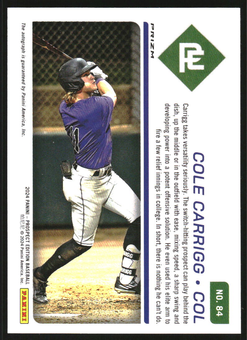 2024 Panini Prospect Edition Holo Prospect Ticket Signatures Green #84 Cole Carrigg Auto