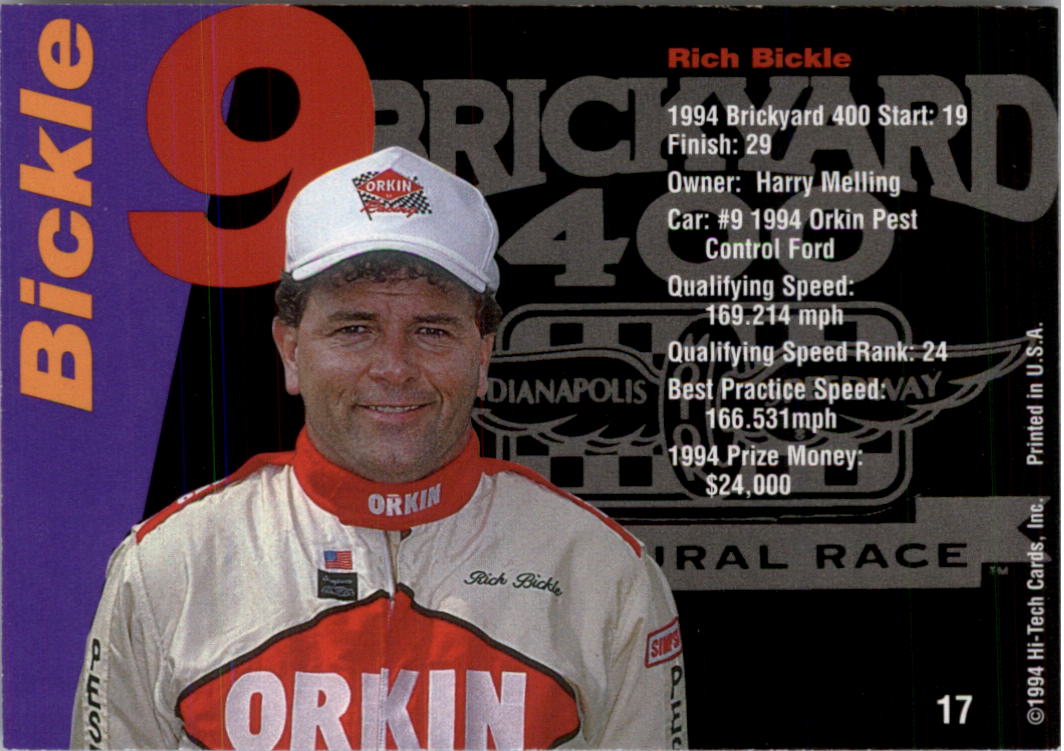 1995 Hi-Tech Brickyard 400 #17 Rich Bickle's Car back image