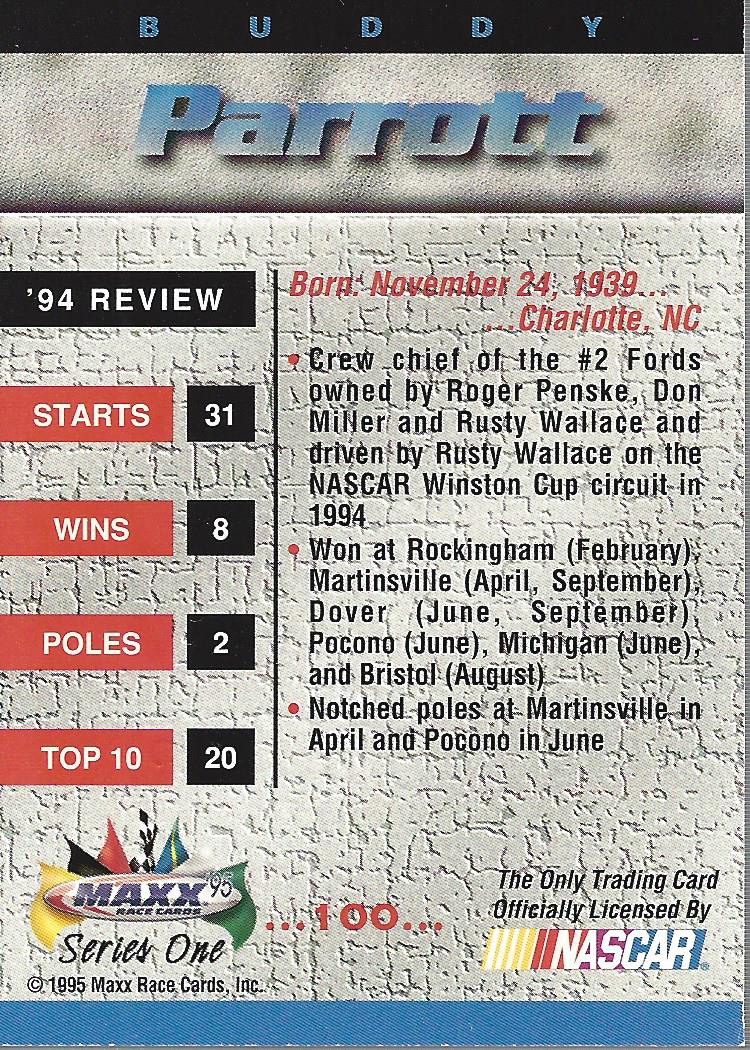 1995 Maxx Autographs #100 Buddy Parrott back image