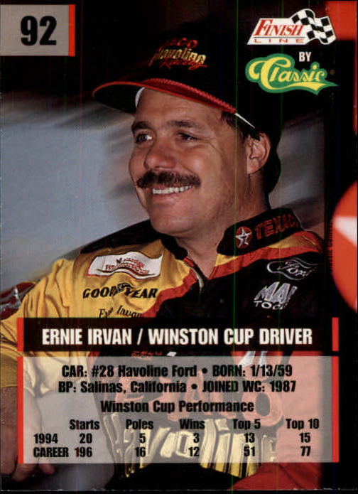 1995 Finish Line Silver #92 Ernie Irvan - NM-MT