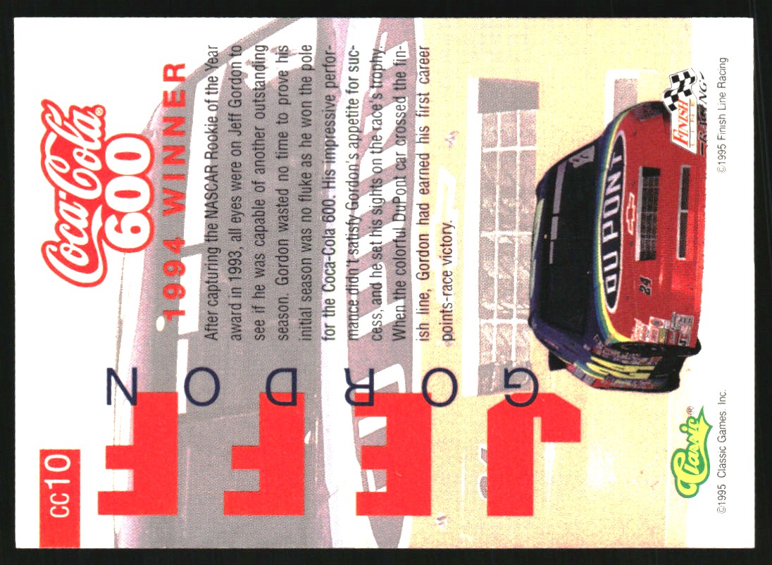 1995 Finish Line Coca-Cola 600 Winners #CC10 Jeff Gordon back image