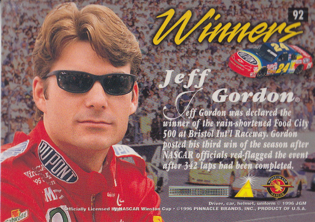 1996 Zenith #92 Jeff Gordon W back image
