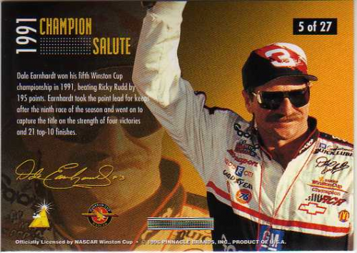 1996 Zenith Champion Salute #5 Dale Earnhardt back image