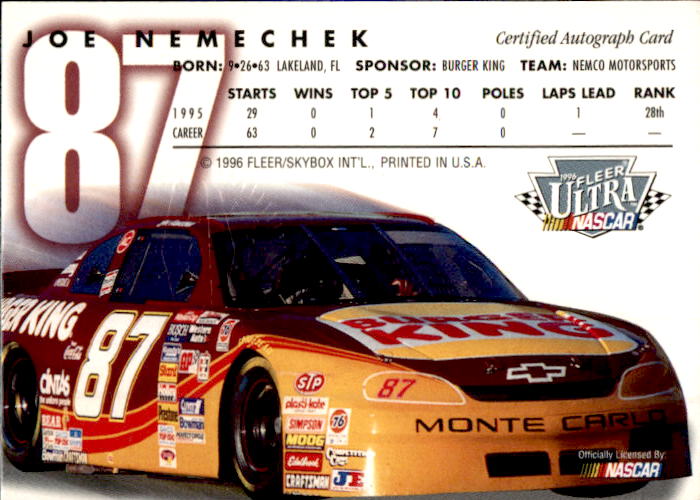 1996 Ultra Autographs #26 Joe Nemechek back image