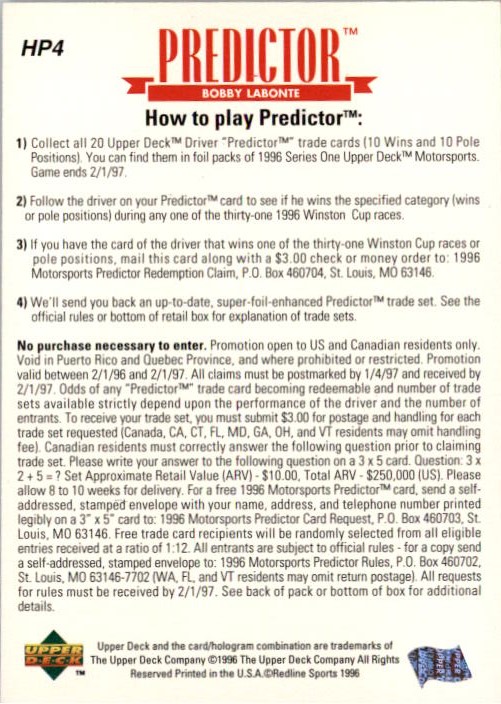 1996 Upper Deck Predictor Wins #HP4 Bobby Labonte back image
