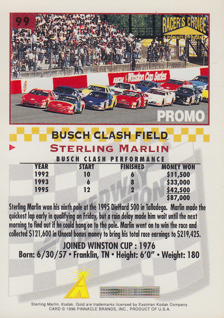 1996 Racer's Choice #P99 Sterling Marlin Promo back image