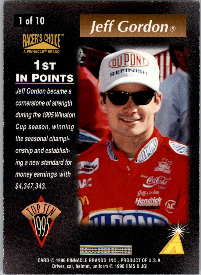1996 Racer's Choice Top Ten #1 Jeff Gordon back image