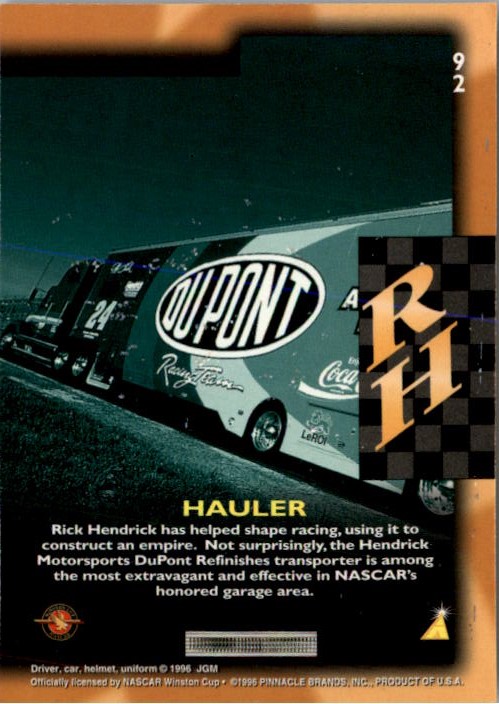 1996 Pinnacle #92 Jeff Gordon's Transporter back image