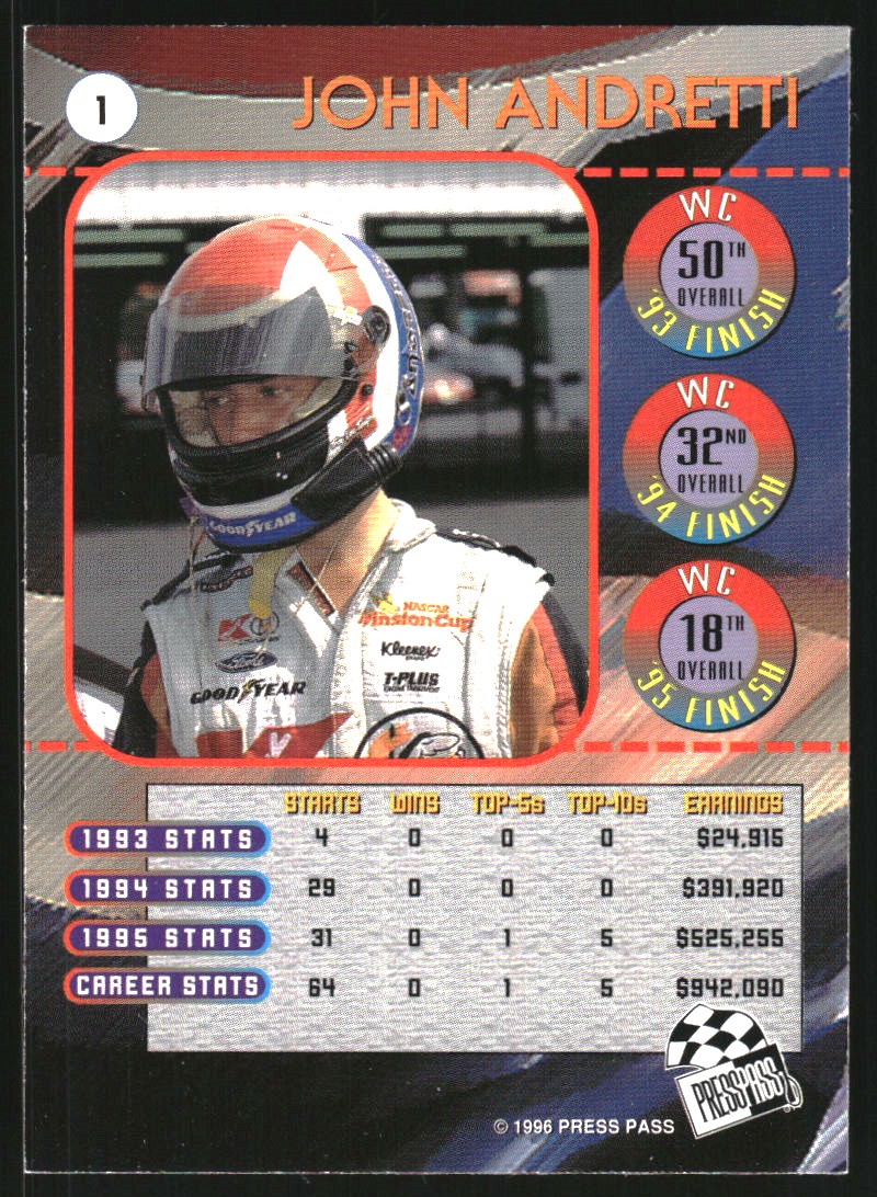 1996 Press Pass Scorchers #1 John Andretti back image